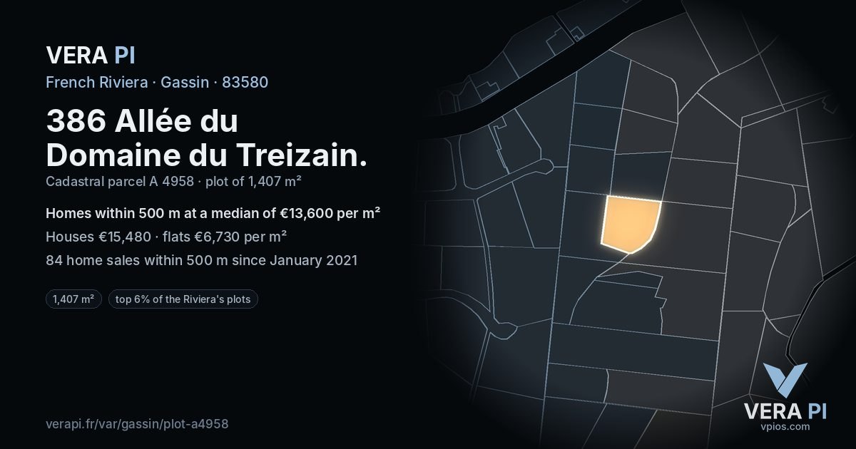 386 Allée du Domaine du Treizain, Gassin at night – the plot lit, the parcels around coloured by the prices near them