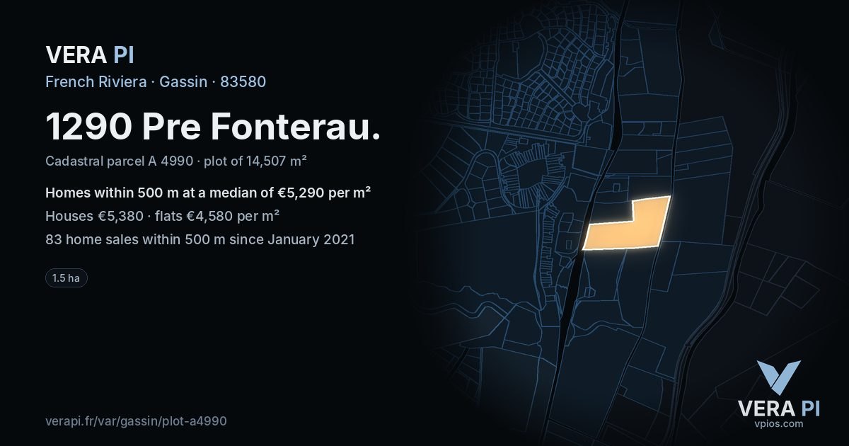 1290 Pre Fonterau, Gassin at night – the plot lit, the parcels around coloured by the prices near them