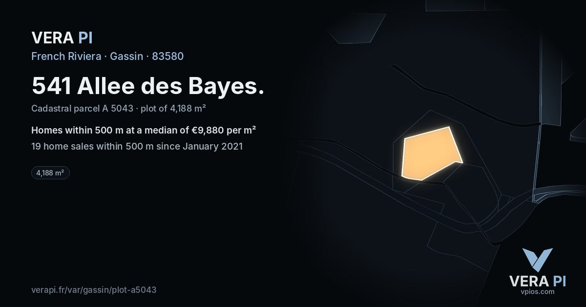 541 Allee des Bayes, Gassin at night – the plot lit, the parcels around coloured by the prices near them