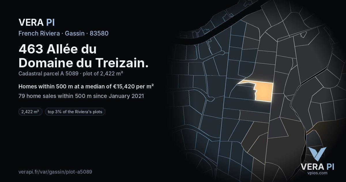463 Allée du Domaine du Treizain, Gassin at night – the plot lit, the parcels around coloured by the prices near them