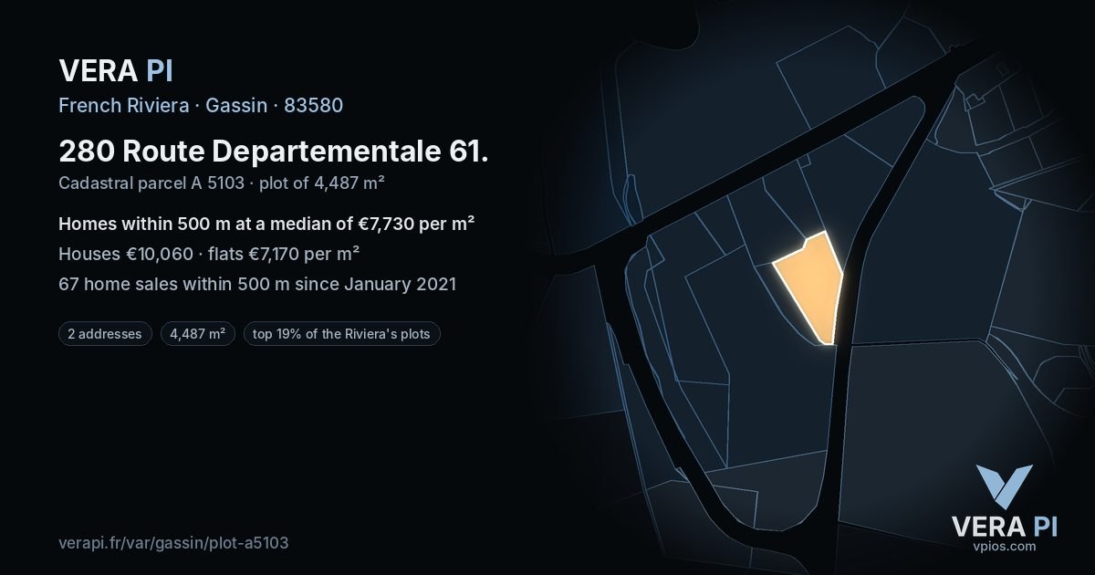 280 Route Departementale 61, Gassin at night – the plot lit, the parcels around coloured by the prices near them