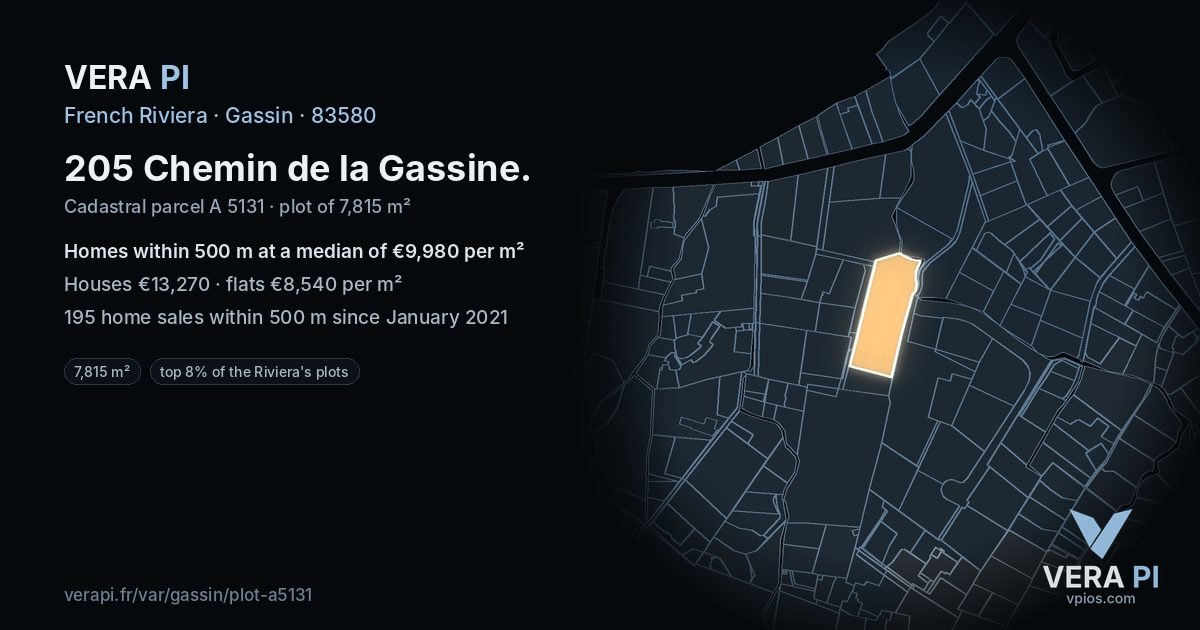 205 Chemin de la Gassine, Gassin at night – the plot lit, the parcels around coloured by the prices near them