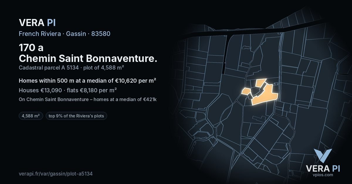 170 a Chemin Saint Bonnaventure, Gassin at night – the plot lit, the parcels around coloured by the prices near them