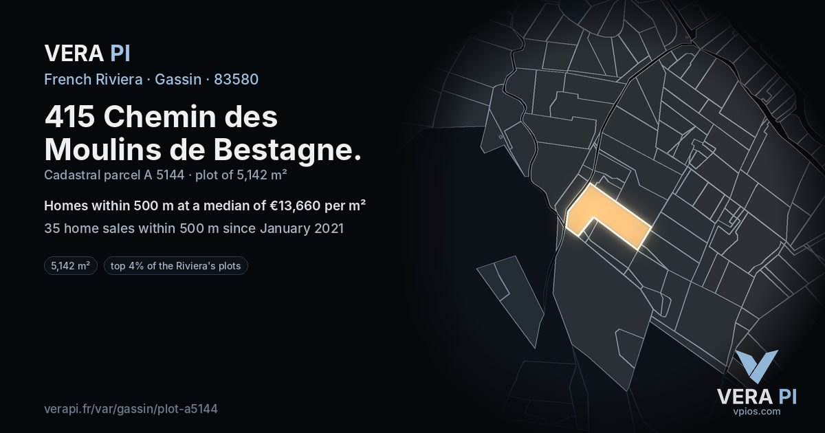 415 Chemin des Moulins de Bestagne, Gassin at night – the plot lit, the parcels around coloured by the prices near them