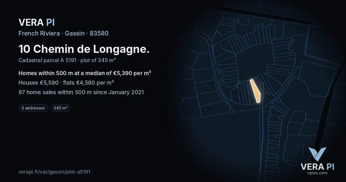 10 Chemin de Longagne, Gassin at night – the plot lit, the parcels around coloured by the prices near them