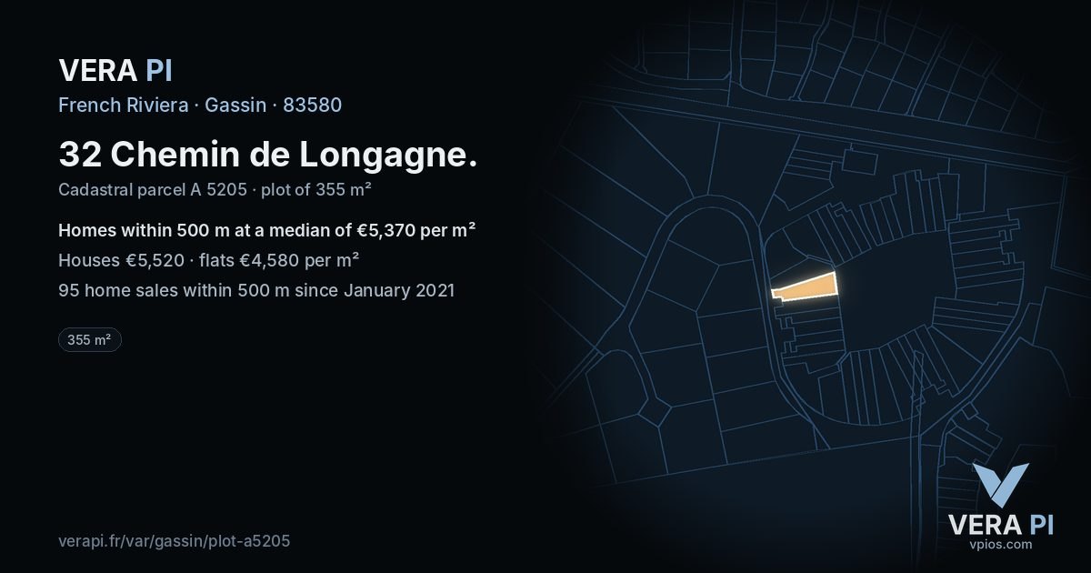 32 Chemin de Longagne, Gassin at night – the plot lit, the parcels around coloured by the prices near them