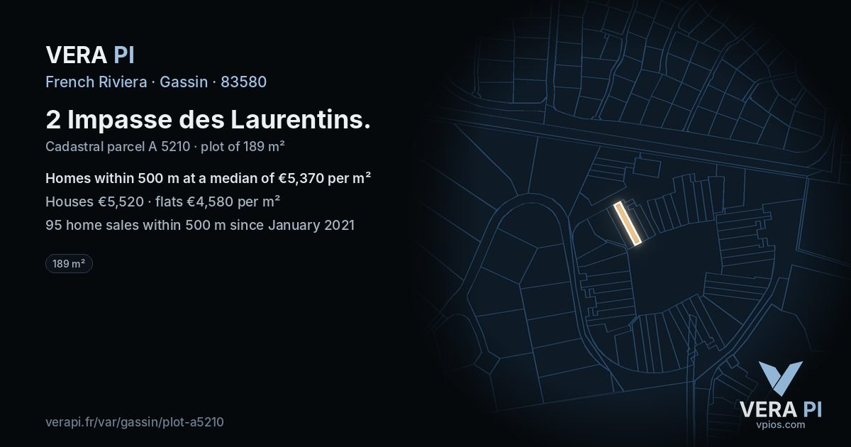 2 Impasse des Laurentins, Gassin at night – the plot lit, the parcels around coloured by the prices near them