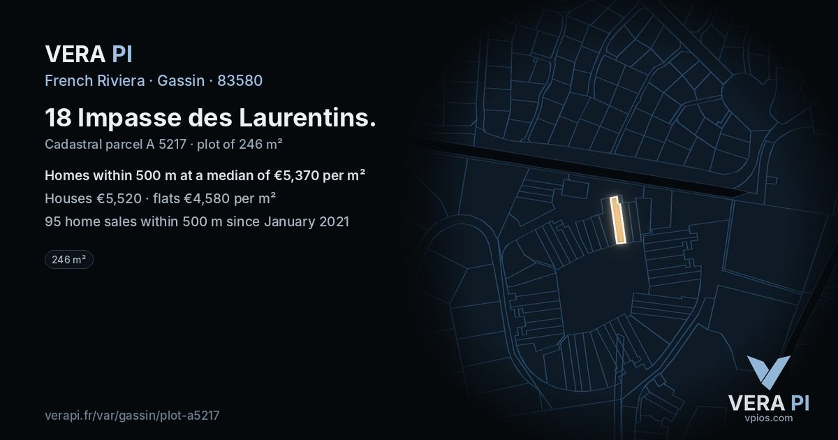 18 Impasse des Laurentins, Gassin at night – the plot lit, the parcels around coloured by the prices near them