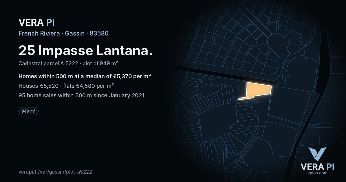 25 Impasse Lantana, Gassin at night – the plot lit, the parcels around coloured by the prices near them