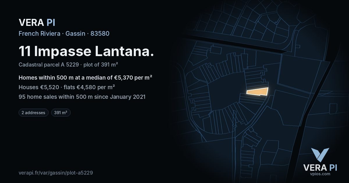 11 Impasse Lantana, Gassin at night – the plot lit, the parcels around coloured by the prices near them