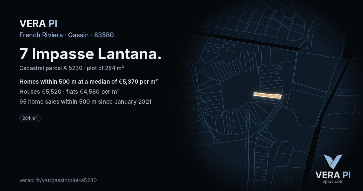 7 Impasse Lantana, Gassin at night – the plot lit, the parcels around coloured by the prices near them