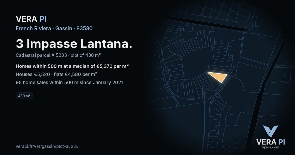 3 Impasse Lantana, Gassin at night – the plot lit, the parcels around coloured by the prices near them