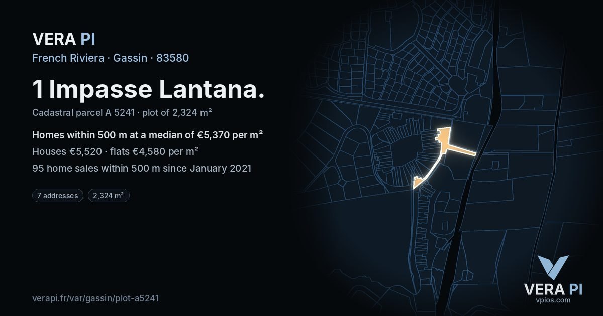 1 Impasse Lantana, Gassin at night – the plot lit, the parcels around coloured by the prices near them