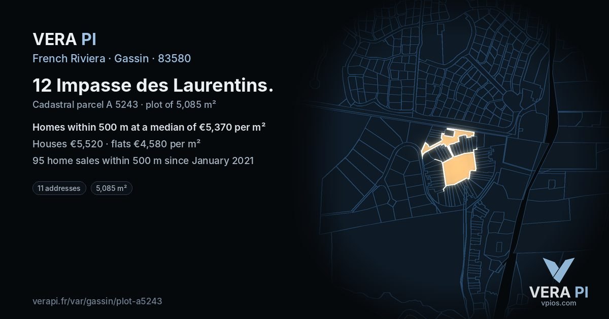 12 Impasse des Laurentins, Gassin at night – the plot lit, the parcels around coloured by the prices near them
