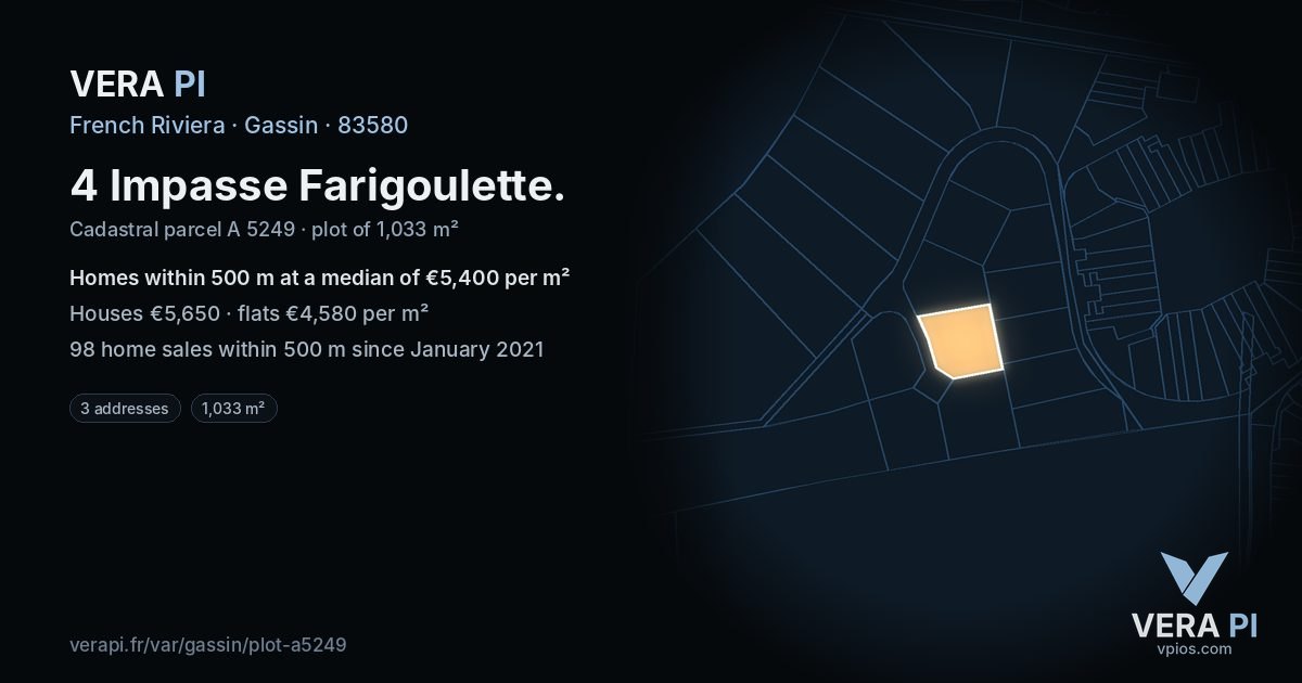 4 Impasse Farigoulette, Gassin at night – the plot lit, the parcels around coloured by the prices near them