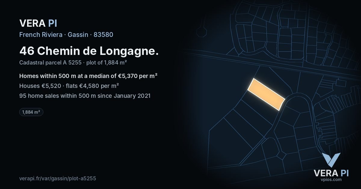 46 Chemin de Longagne, Gassin at night – the plot lit, the parcels around coloured by the prices near them