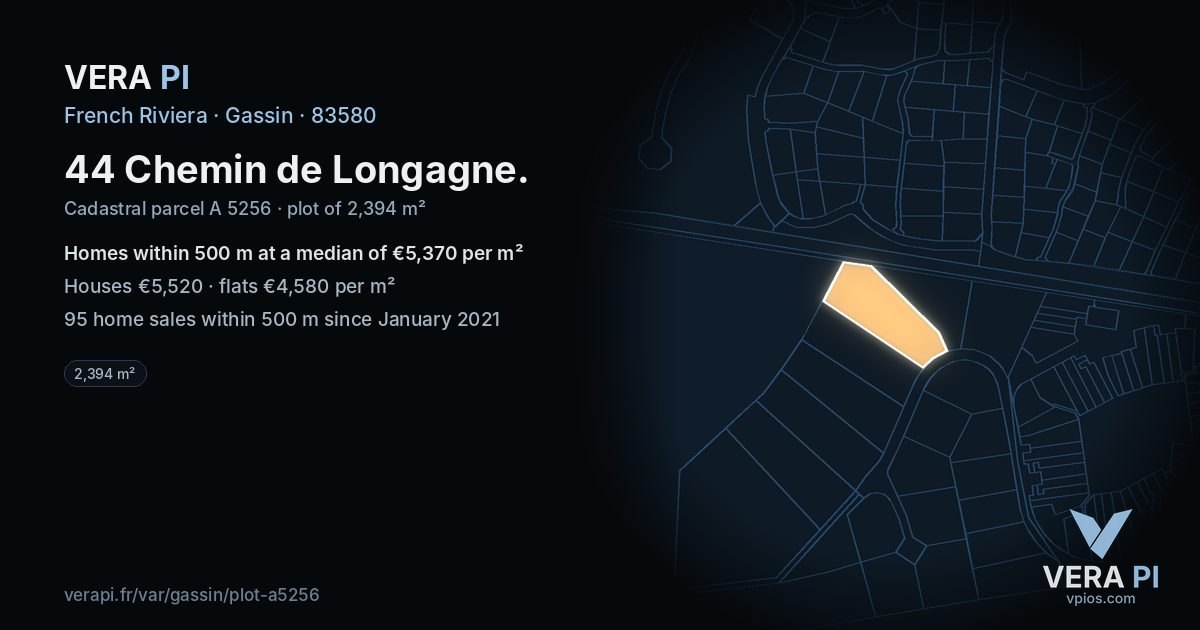 44 Chemin de Longagne, Gassin at night – the plot lit, the parcels around coloured by the prices near them