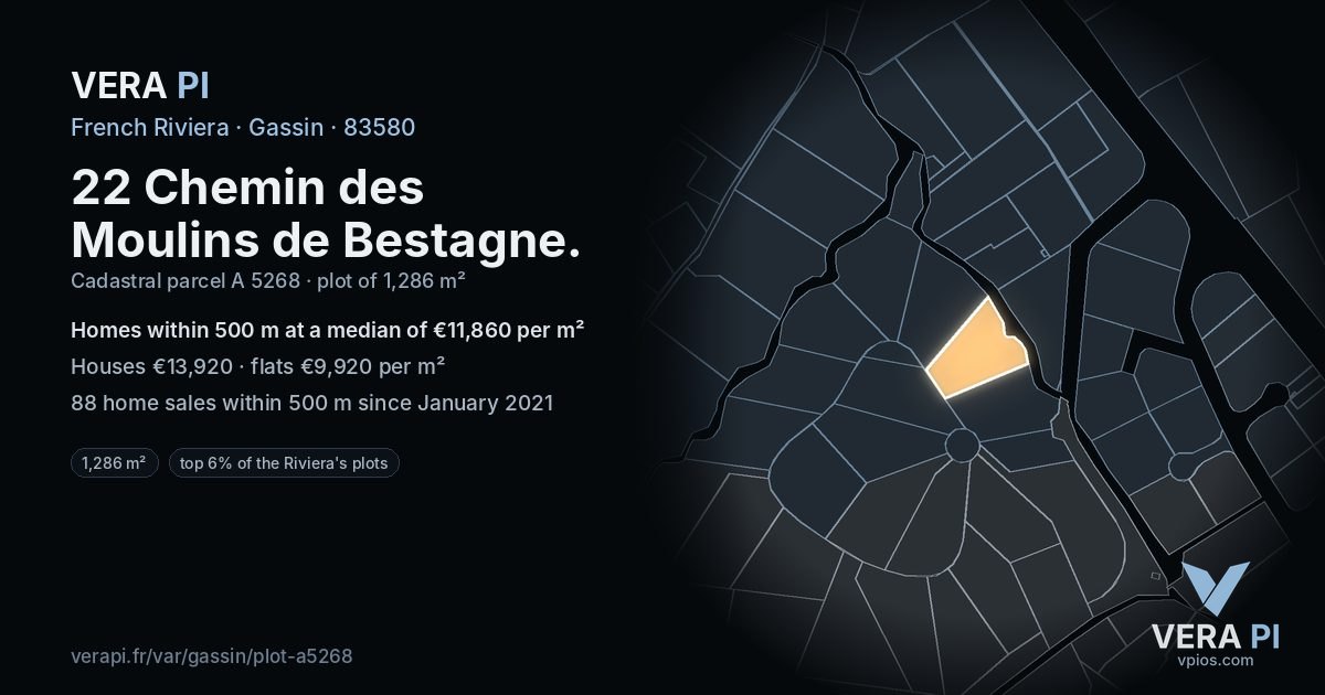 22 Chemin des Moulins de Bestagne, Gassin at night – the plot lit, the parcels around coloured by the prices near them
