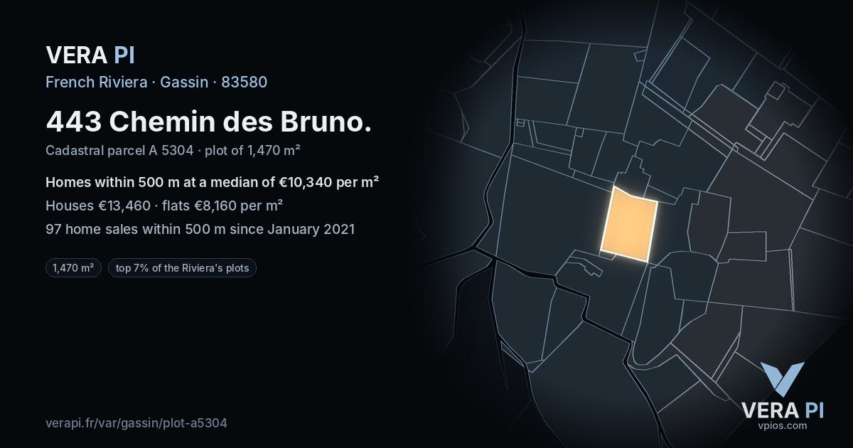 443 Chemin des Bruno, Gassin at night – the plot lit, the parcels around coloured by the prices near them