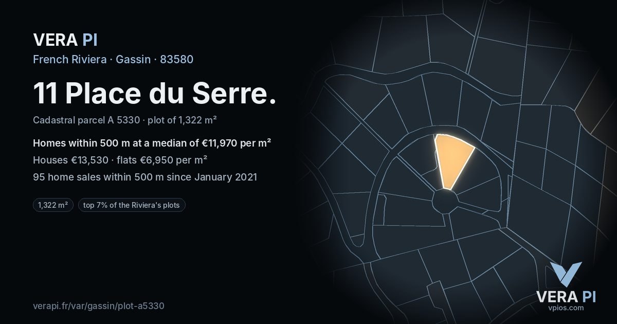 11 Place du Serre, Gassin at night – the plot lit, the parcels around coloured by the prices near them