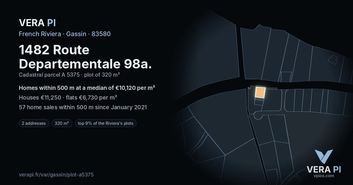 1482 Route Departementale 98a, Gassin at night – the plot lit, the parcels around coloured by the prices near them