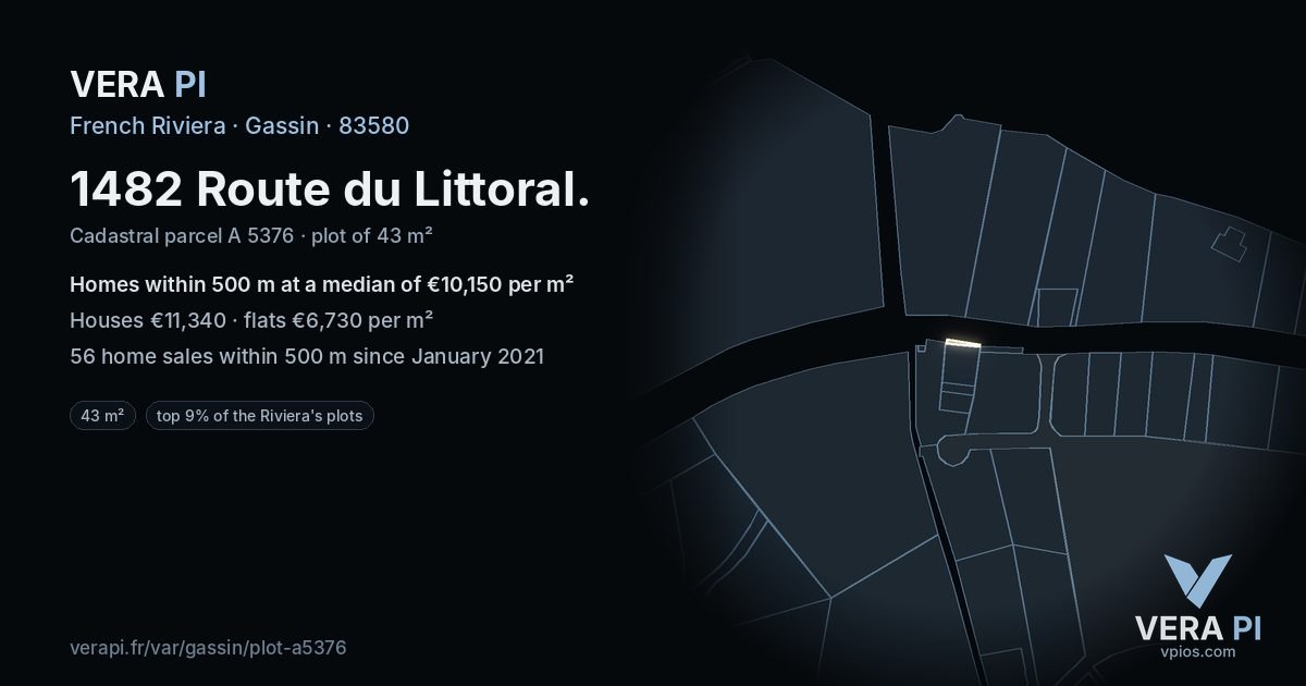 1482 Route du Littoral, Gassin at night – the plot lit, the parcels around coloured by the prices near them