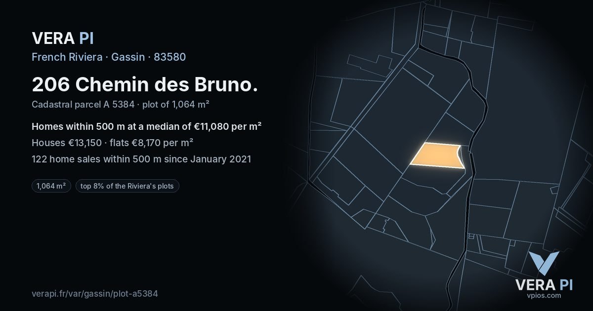 206 Chemin des Bruno, Gassin at night – the plot lit, the parcels around coloured by the prices near them