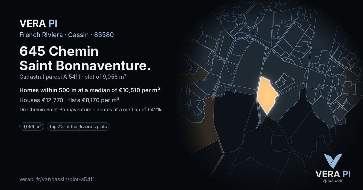 645 Chemin Saint Bonnaventure, Gassin at night – the plot lit, the parcels around coloured by the prices near them