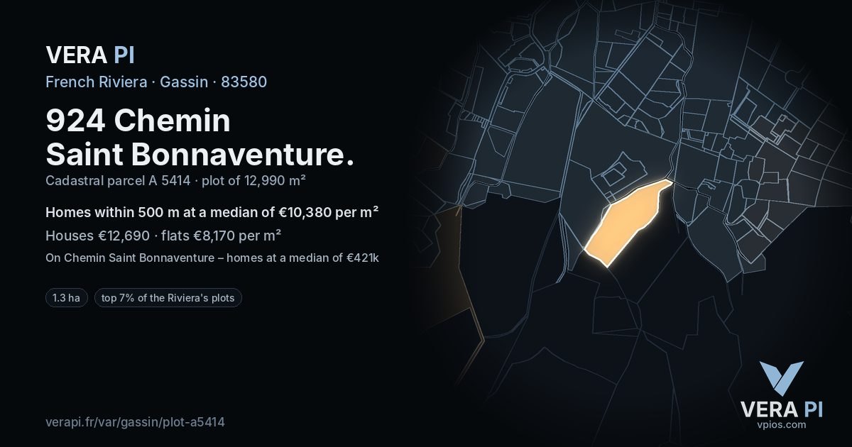924 Chemin Saint Bonnaventure, Gassin at night – the plot lit, the parcels around coloured by the prices near them