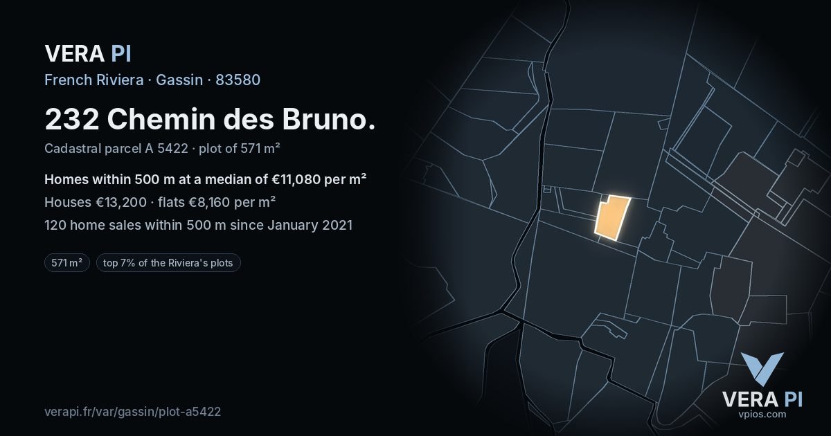 232 Chemin des Bruno, Gassin at night – the plot lit, the parcels around coloured by the prices near them