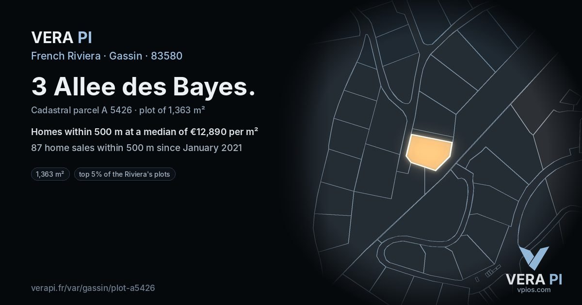 3 Allee des Bayes, Gassin at night – the plot lit, the parcels around coloured by the prices near them