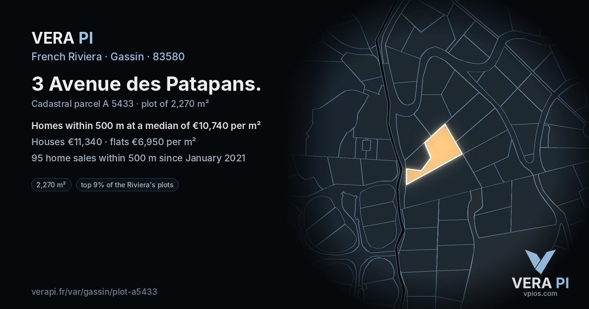 3 Avenue des Patapans, Gassin at night – the plot lit, the parcels around coloured by the prices near them