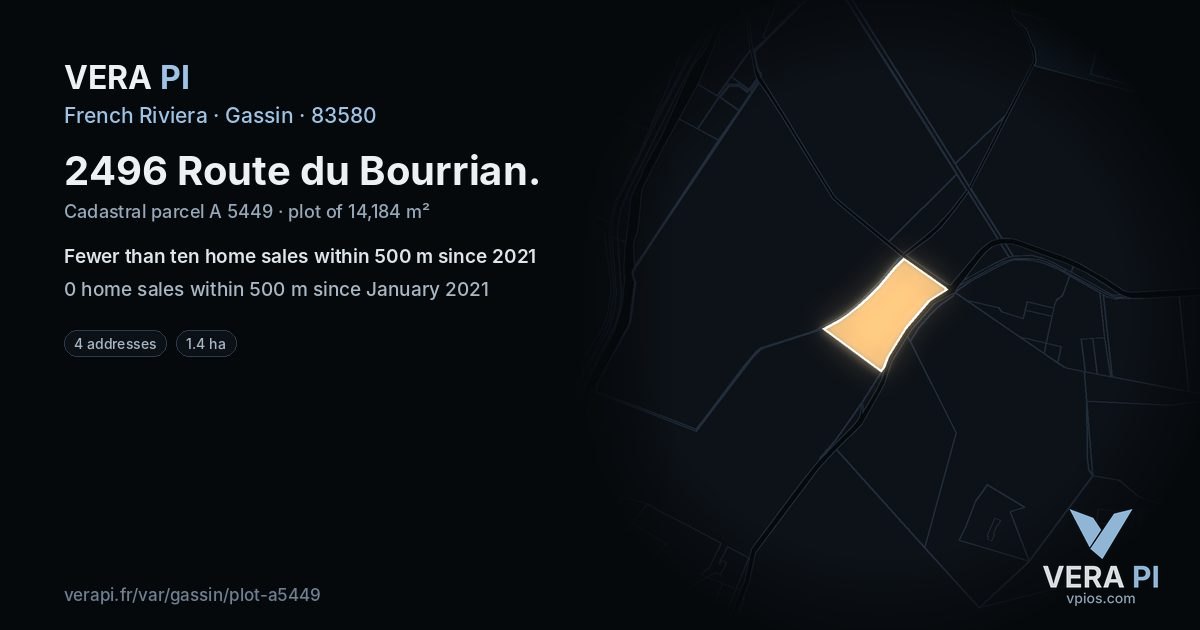 2496 Route du Bourrian, Gassin at night – the plot lit, the parcels around coloured by the prices near them