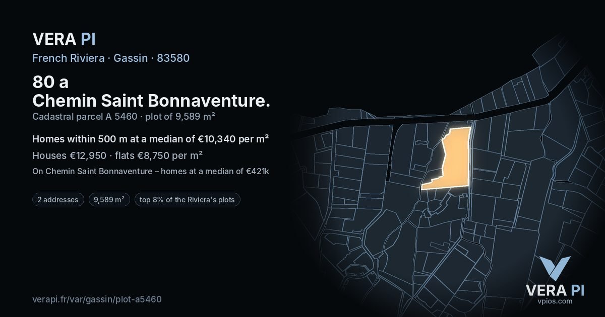 80 a Chemin Saint Bonnaventure, Gassin at night – the plot lit, the parcels around coloured by the prices near them