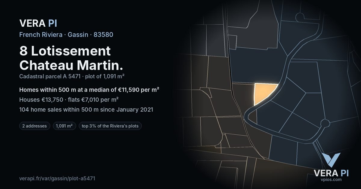 8 Lotissement Chateau Martin, Gassin at night – the plot lit, the parcels around coloured by the prices near them