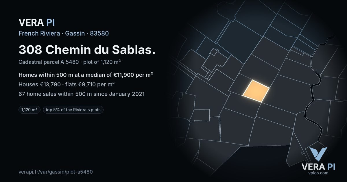 308 Chemin du Sablas, Gassin at night – the plot lit, the parcels around coloured by the prices near them