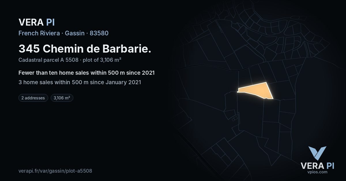 345 Chemin de Barbarie, Gassin at night – the plot lit, the parcels around coloured by the prices near them
