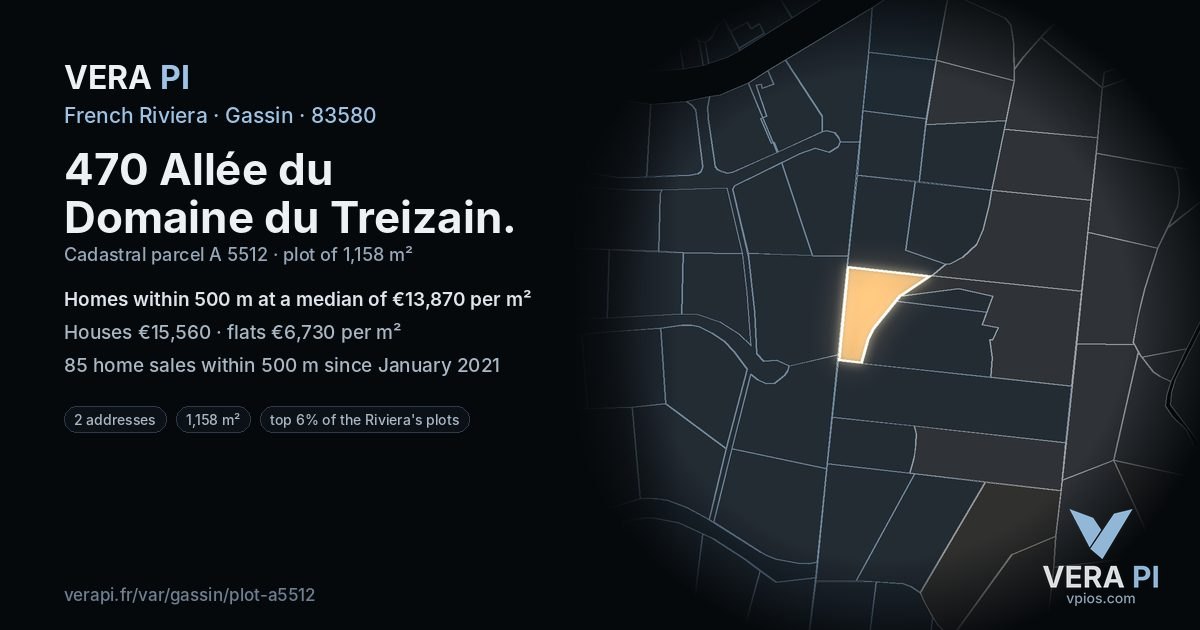 470 Allée du Domaine du Treizain, Gassin at night – the plot lit, the parcels around coloured by the prices near them