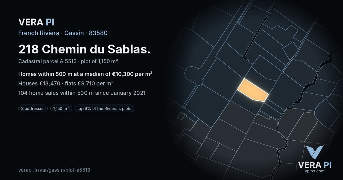 218 Chemin du Sablas, Gassin at night – the plot lit, the parcels around coloured by the prices near them