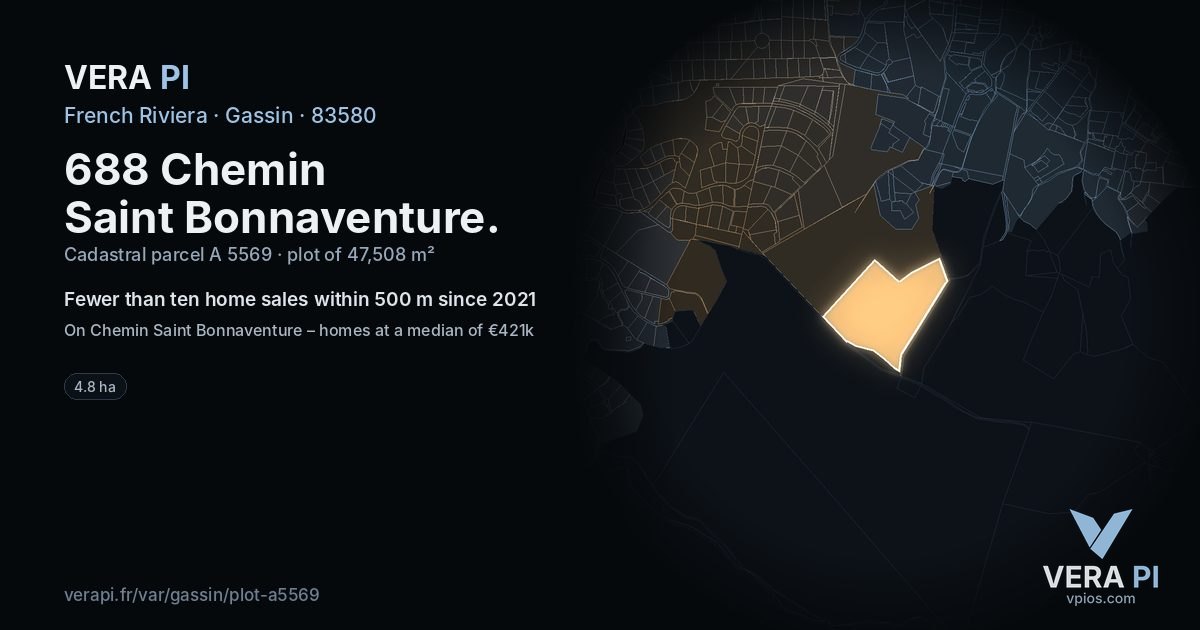 688 Chemin Saint Bonnaventure, Gassin at night – the plot lit, the parcels around coloured by the prices near them