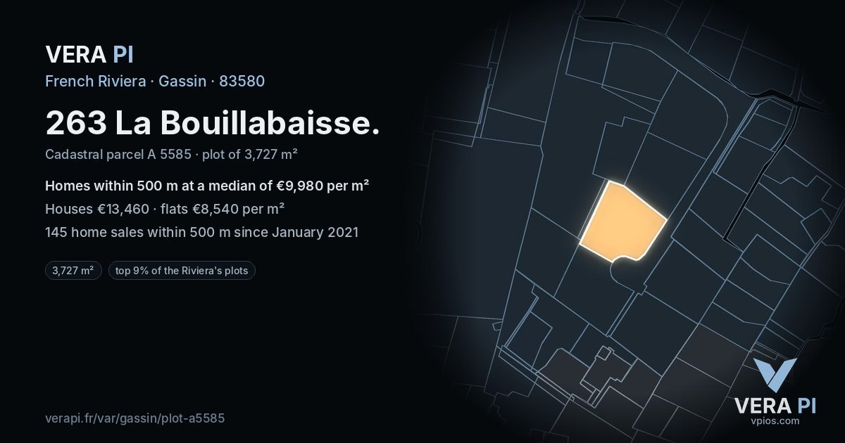 263 La Bouillabaisse, Gassin at night – the plot lit, the parcels around coloured by the prices near them