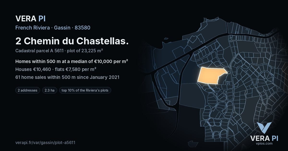2 Chemin du Chastellas, Gassin at night – the plot lit, the parcels around coloured by the prices near them