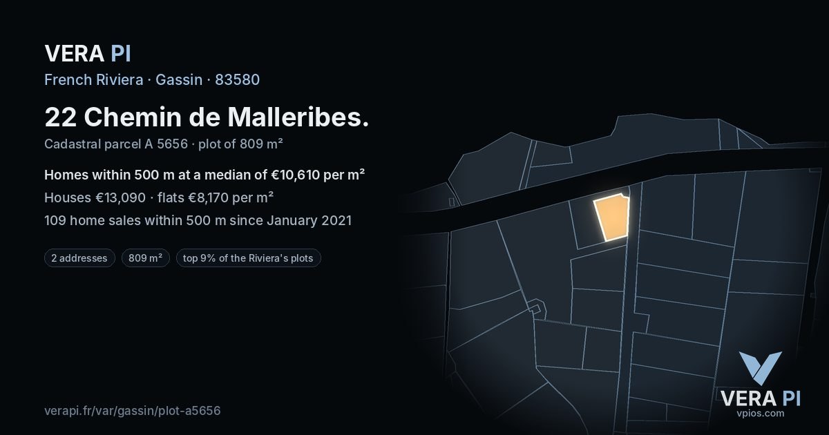 22 Chemin de Malleribes, Gassin at night – the plot lit, the parcels around coloured by the prices near them