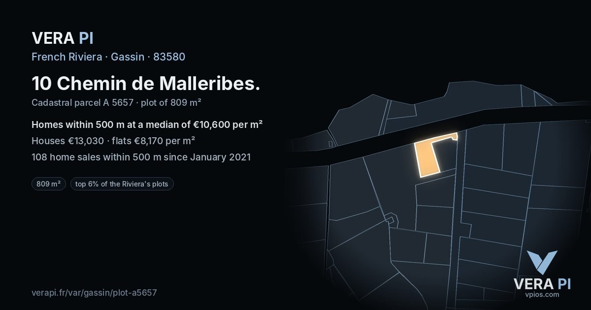 10 Chemin de Malleribes, Gassin at night – the plot lit, the parcels around coloured by the prices near them