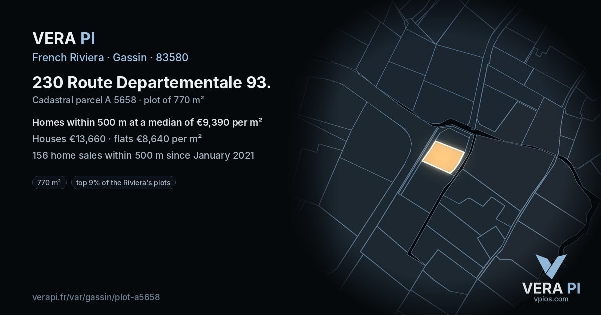 230 Route Departementale 93, Gassin at night – the plot lit, the parcels around coloured by the prices near them