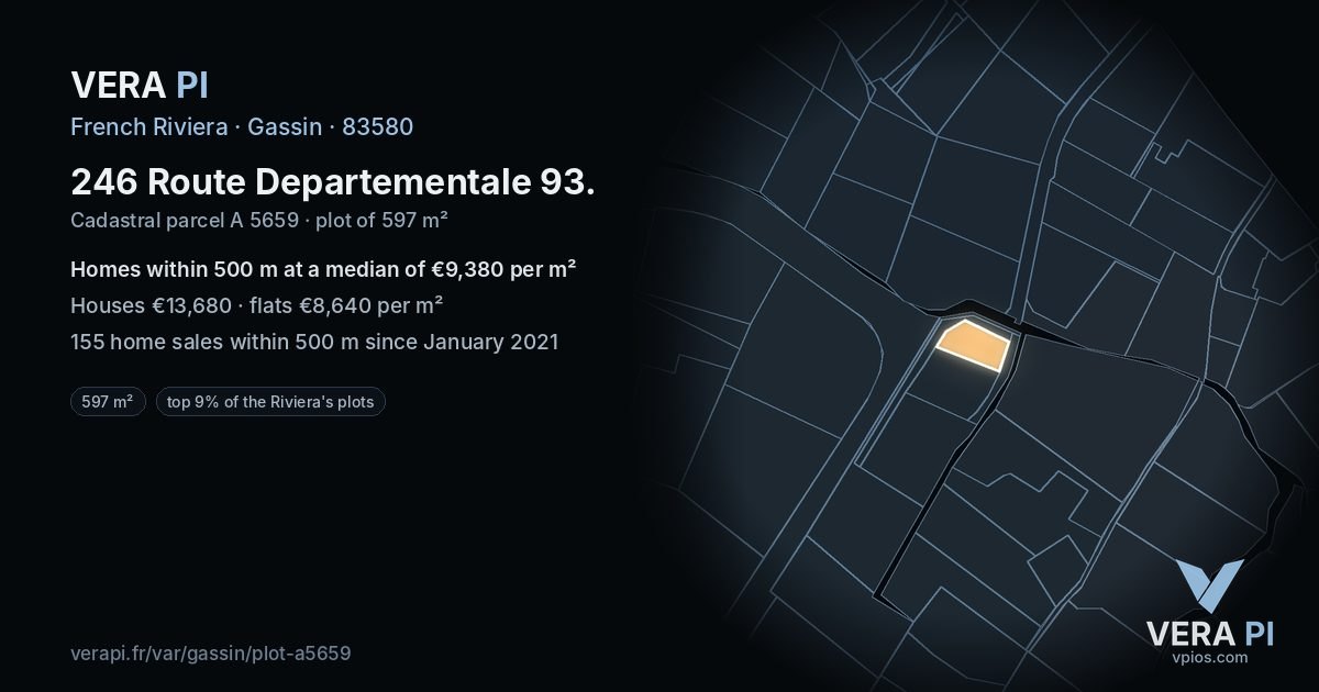 246 Route Departementale 93, Gassin at night – the plot lit, the parcels around coloured by the prices near them