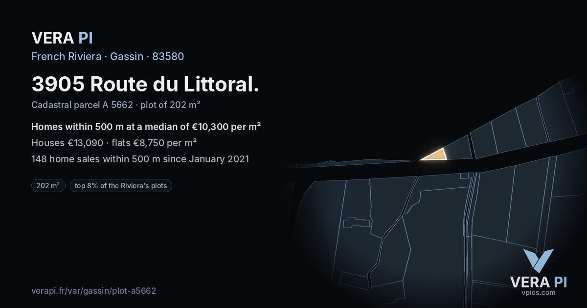 3905 Route du Littoral, Gassin at night – the plot lit, the parcels around coloured by the prices near them