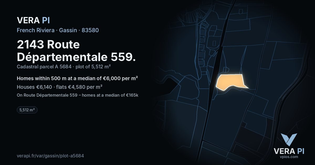2143 Route Départementale 559, Gassin at night – the plot lit, the parcels around coloured by the prices near them