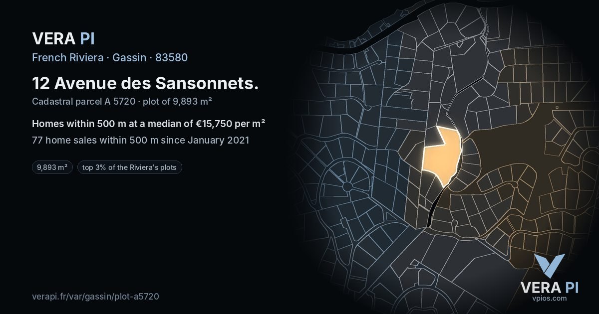 12 Avenue des Sansonnets, Gassin at night – the plot lit, the parcels around coloured by the prices near them