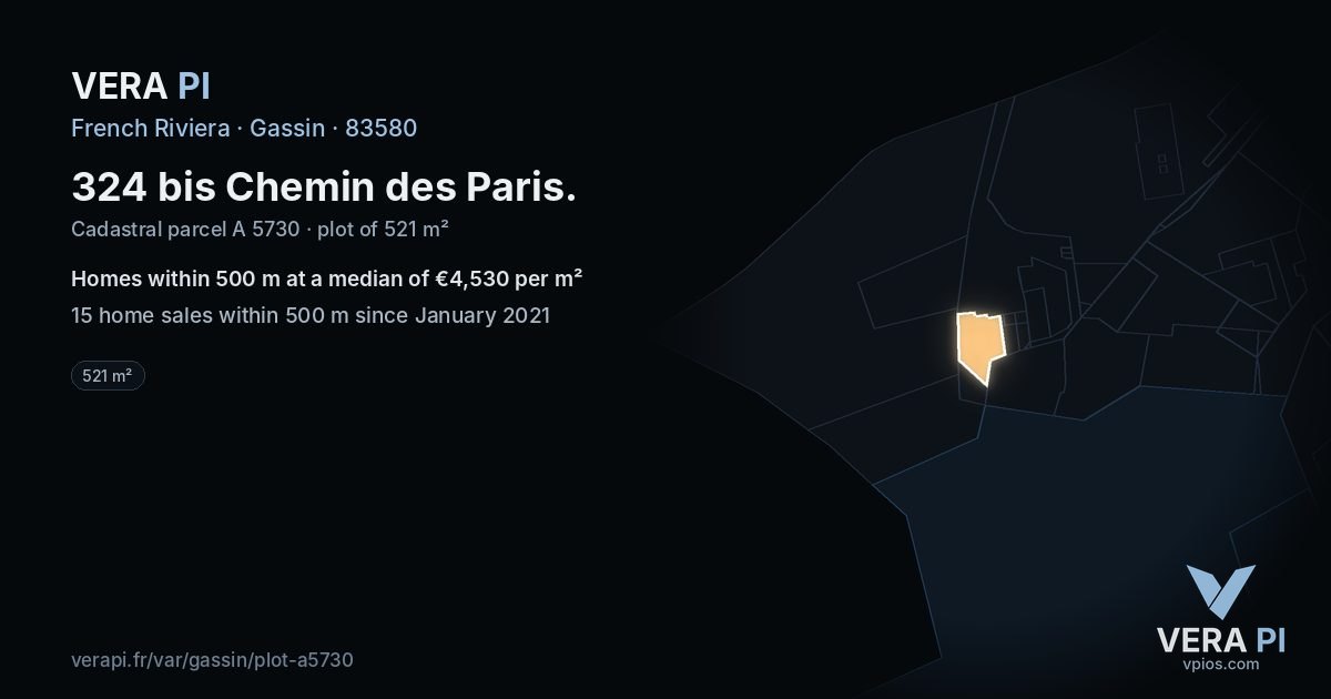 324 bis Chemin des Paris, Gassin at night – the plot lit, the parcels around coloured by the prices near them